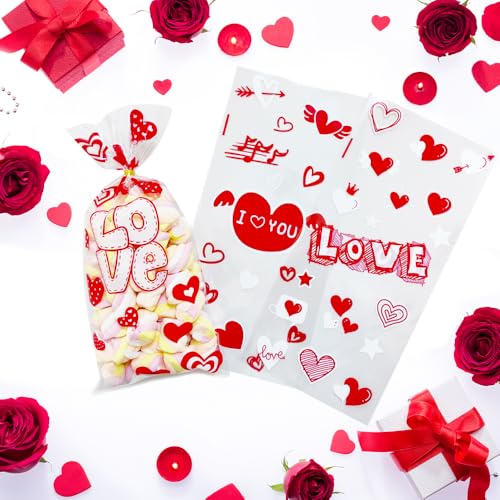 Valentines Cellophane Treat Bags, Valentines Candy Bags, 100 PCS Valentines Goodies Bags, Valentines Plastic Bags with 110pcs Gold Ties, Valentines Gift Bags for Valentines Day Party Favor Supplies - color: Red Valentines 100pcs