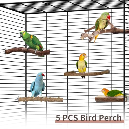 Bird Perches, 5pcs Natural Wood Birds Stand Branch, Bird Perch Chewing Stick Cage Accessories Parrot Climbing Standing Branches Paw Grinding Fork Sets for Cockatiels Ringneck Parrots