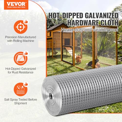 VEVOR Hardware Cloth, 1/2 inch 24in x 50 ft 19 Gauge, Hot Dipped Galvanized Wire Mesh Roll, Chicken Wire Fencing, Wire Mesh for Rabbit Cages, Garden, Small Rodents - size: 24'' x 50'
