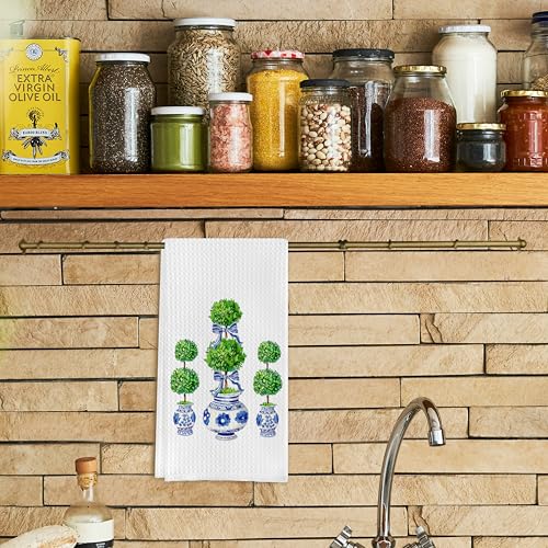 Blue and White Porcelain Chinoiserie Towels, Green Topiary Tree Dish Towels for Kitchen, Hand Towels for Bathroom, 16x24 Inches - color: Blue White03