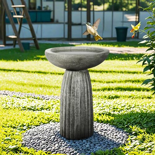 SunJet Modern Bird Bath, 24.4inches Height Fibre-Reinforced Concrete Birdbath with Textured Pedestal for Outdoor Garden, Yard, Lawn Decor - color: Silver Gray, size: 24.4inches