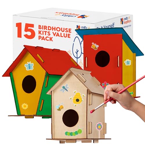 Wooden Birdhouses to Paint - 15 Bulk DIY Bird House Craft Kits for Kids | 15 wrapped unfinished wood kits, each with brush, 6-color strip & guide. Kids 8-12 build, paint and hang them outside - color: 6 Colors Paint