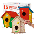Wooden Birdhouses to Paint - 15 Bulk DIY Bird House Craft Kits for Kids | 15 wrapped unfinished wood kits, each with brush, 6-color strip & guide. Kids 8-12 build, paint and hang them outside - color: 6 Colors Paint