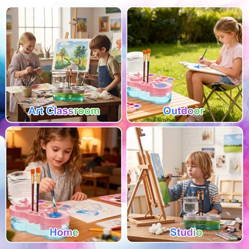 2026 Upgraded Paint Brush Cleaner, Kids Painting Station with Brush Washer, Water Cycle Watercolor Rinser Dispenser with Holder and Palette, Art Supplies Cleaning System for Children Adults(Pink)