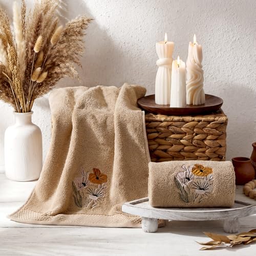 SmoothNovelty 2 Pcs Neutral Boho Floral Hand Towels for Bathroom 14x29 Inch | Embroidered Boho Flower Bathroom Hand Towels, 100% Cotton, Soft Absorbent, Spring Summer Khaki Bathroom Kitchen Decor - style: Neutral Boho Floral