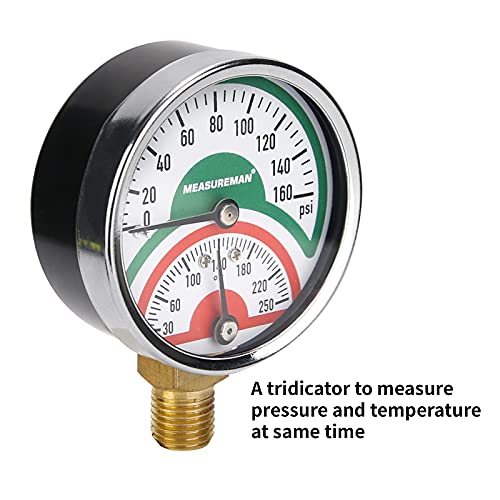 MEASUREMAN Tridicator, Thermo-Manometer, 2-1/2", 0-160psi/30-250 deg F, Black Iron Case, 1/4" NPT Lower Mount Pressure Gauge - size: Lower Mount-Dry