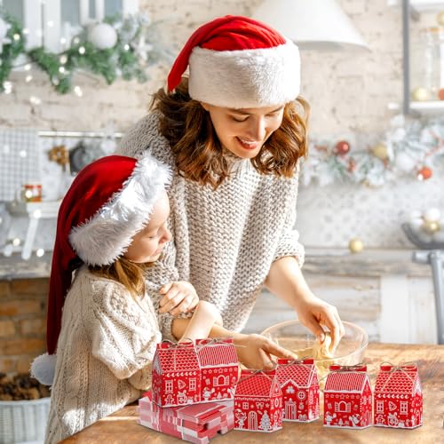 Zhanmai 48 Pcs Christmas Treat Boxes Candy Red Village Vintage Mini Gingerbread House Favor Box Christmas Party Paperboard Gift Boxes for Xmas Holiday Party Treat Cookie Goodie Snack Gift Packaging - style: Red Christmas