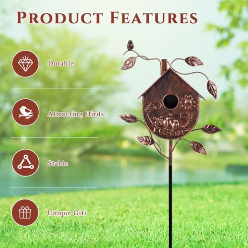 DREAMSOUL 48" Birdhouse with 1.6" Hole, Vintage Bird House Pole for Patio | Metal Bird Houses for Outside Yard Art, Weatherproof Finish, Outdoor Backyard Accent, Ornamental Aviary Style - style: Antique