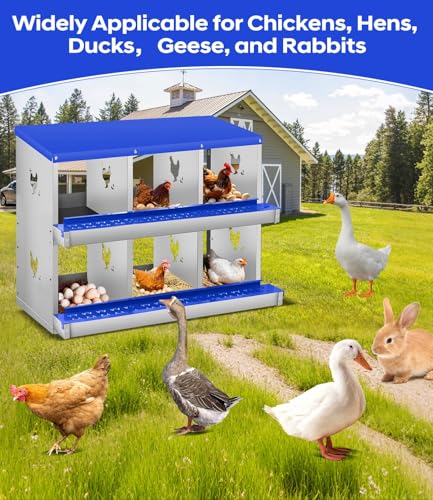 6 Compartment Chicken Nesting Box, Heavy Duty Metal Laying Box with Perch, Easy Assembly & Easy Clean for Outdoor Chicken Coop, Blue - color: Blue, size: 6 Compartment