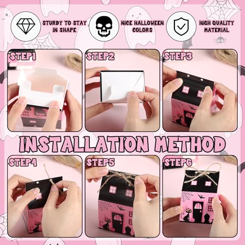 Zhanmai 48 Pcs Pink Halloween Treat Boxes Mini Black Castle House Candy Pink Box Small Halloween Paperboard Gift Container for Holiday Party Treat Cookie Goodie Snack Gift Packaging - style: Pink Halloween