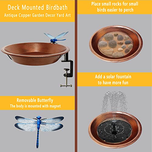 Deck Mounted Bird Bath for Outdoors, 11.5 Inches Metal Birdbath Bowl with Adjustable Steel Clamp, Antique Copper Deck Bird Feeder for Railing Balcony Fence Yard Art Garden Decor