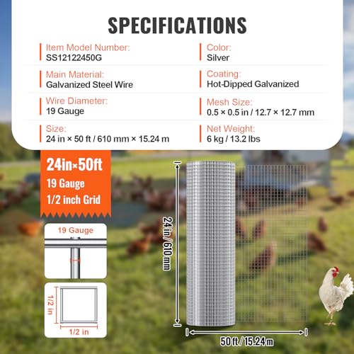VEVOR Hardware Cloth, 1/2 inch 24in x 50 ft 19 Gauge, Hot Dipped Galvanized Wire Mesh Roll, Chicken Wire Fencing, Wire Mesh for Rabbit Cages, Garden, Small Rodents - size: 24'' x 50'