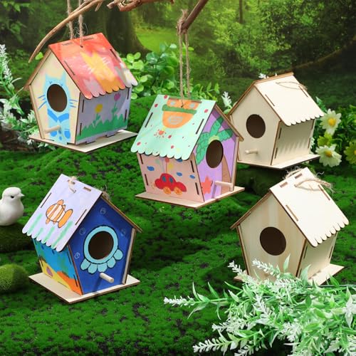 DoubleFill 24 Pack 4. 3" Wooden Bird Houses Bulk for Kids with Front Perch Peg, DIY Kid Art Craft Outdoor Birdhouse Kit Unfinished Hanging Birdhouse Class Activity for Girls Boys to Build and Paint