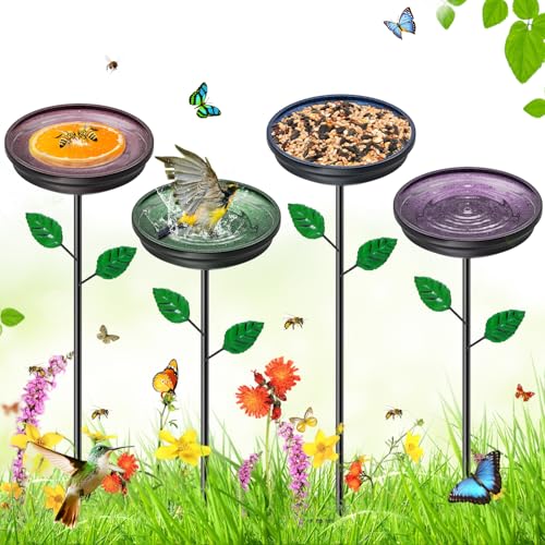 4PCS Hummingbird Bird Bath for Outside, Freestanding Metal Flower BirdBaths Bowl with Stake, Detachable Birdfeeder for Outdoor Yard Lawn Garden Decor (4PCS-Blue-Green-Brown-Purple) - style: 4PCS-Blue-Green-Brown-Purple
