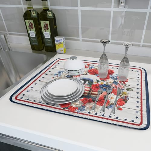 Patriotic Truck Dish Drying Pad 4th of July Drying Mat for Kitchen Counter Coffee Bar Sinks 18 X 24 Inch - color: Patriotic Truck Blue, size: 24" x 18"
