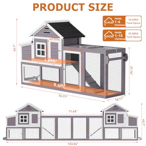 Chicken Coop with Run, Mobile Chicken Coop with Wheels for 4-6 Chickens, Large Outdoor Hen House with Nesting Box, Weatherproof Asphalt Roof, Pull-Out Tray for Small Animals in the Backyard - color: Grey