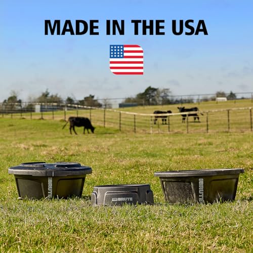 Rubbermaid Commercial Products Brute 1.25-Gallon Tip-Resistant Animal Pan Feeder with Tie-Down Slots, RigidCell Construction, Made in USA for Livestock & Small Animals - size: 1.25 Gal, style: Pan Feeder