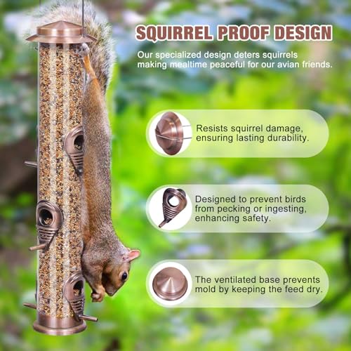 ERYTLLY Metal Bird Feeder for Wild Birds - 1.4mm Extra Thick Solid Transparent Tube With Steel Hanger, Squirrel Proof for Outside (Antique Copper-Metal 6 Feeding Ports) - color: Antique Copper-Metal 6 Feeding Ports