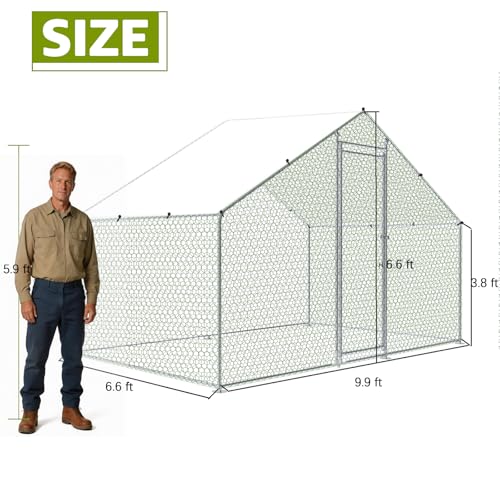 Metal Chicken Coop, 9.9 x 6.6 x 6.6 FT Large Walk-in Chicken Runs | with Cover, Spire Roof Hen House Enclosure with Security Lock, Outdoor Duck Rabbit Cage Poultry Pen for Backyard, Farm, Yard