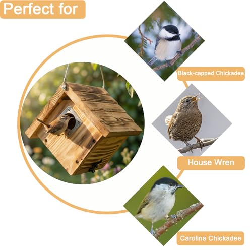 Wren Bird Houses for Outside, 4 Pack Wren House with Metal Predator Guard | Fully Assembled Wooden Hanging Birdhouse for Outdoors, Birds Nesting Box for Small Bird, Natural Wood