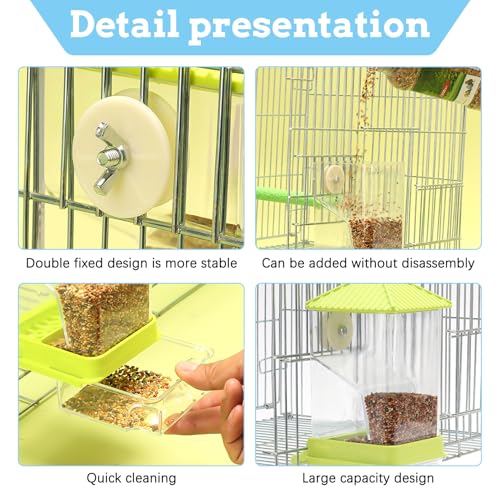 Hamiledyi No Mess Bird Feeders Water Dispenser Set Parakeet Seed Container Automatic Cage Feeder with Perch Transparent Cage Accessories for Budgies, Parakeets, Canaries, Lovebirds, Finches - color: Green + Drinking Bottle + Perch
