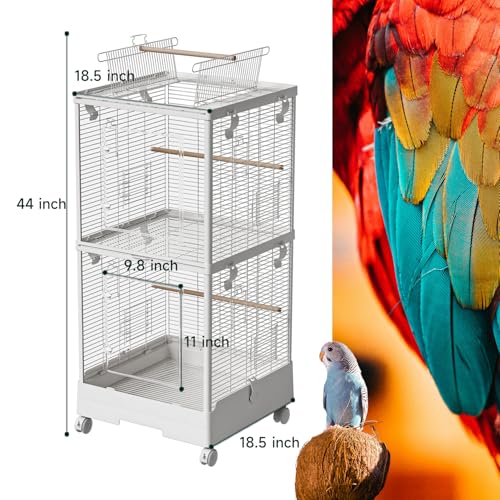 40 Inch Medium Small Bird Double Cage for Parrot Lovebirds Finches Canaries Parakeets Cockatiels Budgie Parrotlet Conures, w/Detachable Standing Perches, Snow White