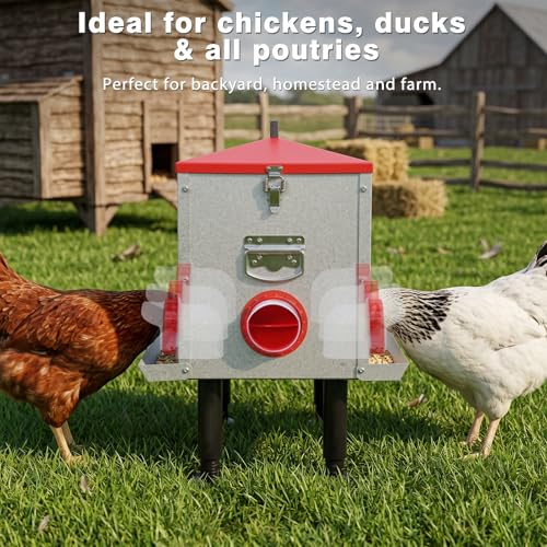 55LB Large Automatic Chicken Feeder with View Window & No-Waste Food Tray | 8 Feeding Ports Galvanized Steel Raised Chicken Feeder with Waterproof Locking Lid & Height Adjustable Stand for Ducks, Geese