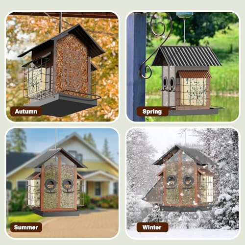 FlowaFoli Bird Feeders for Outdoors, Metal Bird Feeder with Double Suet Cage Weatherproof Metal Roof, 2 in 1 Mixed Seeds Suet Feeder, 4Lbs Large Capacity, Great for Finch、Cardinal、Chickadee（Brown） - color: Brown