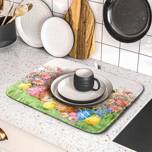 Spring Easter Dish Drying Mat for Kitchen Counter Colorful Egg Holiday Decoration Cloth Dish Mats Small - color: Colorful Easter Bunny, size: 18" x 16"