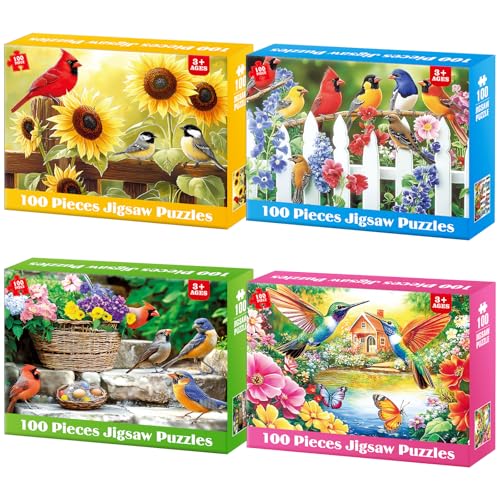 4-Pack 100 Piece Puzzles for Kids Ages 6-8 8-10 Year Old | Birds Puzzles, Large Piece Puzzle for Seniors 100 Pieces Adults Jigsaw Puzzle, Learning Educational Toys for Boys and Girls - style: Cardinals Birds Hummingbirds