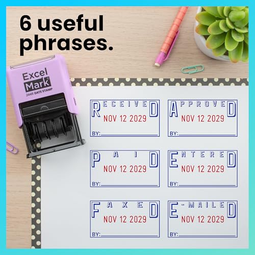 ExcelMark 2445 Date Stamp with Text - Blue and Red Ink (Violet Mount, Approved) - color: Violet Mount, size: Approved