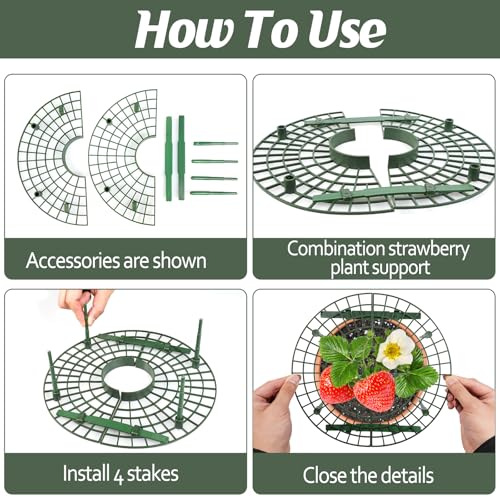 4 Sets Strawberry Plant Support with Mesh Plant Cover,Strawberry Growing Racks Sets with Iron Plant Nails and Storage Bag for Garden Strawberry Vegetables(White Net - Round) - color: White Net - Round