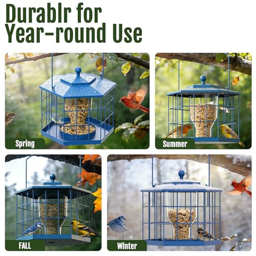 Birdream Squirrel Proof Bird Feeders for Outdoor Hanging, Metal Cage Bird Feeder with Rain Proof Covered for Wildbirds Bluebird Finches, Blue