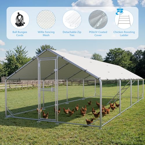Large Metal Chicken Coop, Outdoor Chicken Run with Cover, 10 x 26 x 6.5 FT | Heavy-Duty Poultry Enclosure & Chicken Pen with Split Doors, Galvanized Steel Frame, Free Wire Mesh Fence and Roosting Ladder - size: 10' x 26'