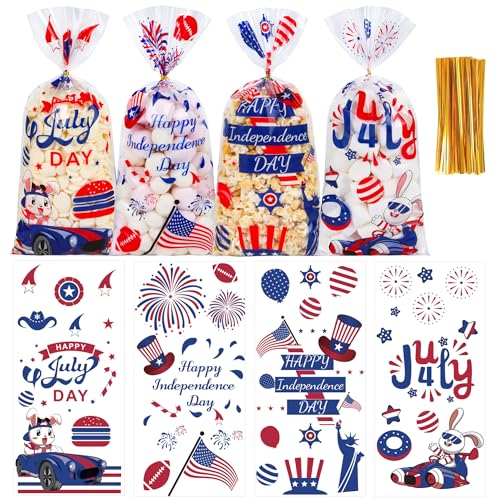 QOIUSO 50 Pcs 4th of July Cellophane Treat Bags - Patriotic Candy Goodie Bags with Gold Twist Ties - Clear Independence Day Party Favor Bags for Cookies, Snacks, Gift Packaging Supplies - color: 4th of July-50pcs