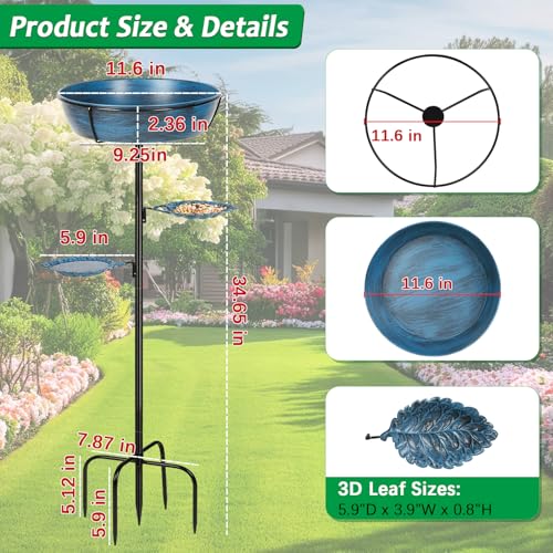 Metal Outdoor Bird Bath, Rust-Proof Removable Bowl for Garden Decor Blue | Freestanding Birdbath & Birdfeeder with Heavy-Duty Base, Bird Bowl for Lawn Patio Yard Bird Feeding Decor, Easy to Install - color: Blue