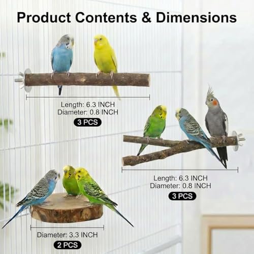 8PCS Bird Perch Stand, Natural Wood Parrot Stand Branch Paw Grinding Y Fork,Bird Cage Branch with Wooden Hanging Perch Platform Hammock Swing Toy for Small Parakeets,Budgies,Cockatiels,Conures,Finches