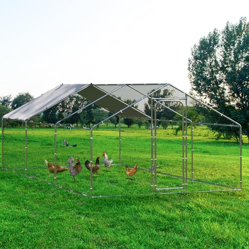 BOSSIN Large Metal Chicken Coop with Waterproof Cover, Poultry Cage Spire Shaped Coop, Walk-in and Heavy Duty Design, Chicken Run Duck House Resistant to Wind, rain, and UV Cover for Farm Yard Use - size: 236.2"L x 118.1"W x 76.8"H