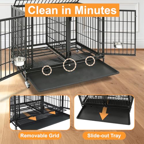 Homey Pet Taller 43" Dog Crate Cage Kennel Indoor with Divider, Two Tiers | Commercial Modular Dog Kennel with Dual Front Doors, Divider, Auto Locks, Removable Tray, Bowls for Small and Medium Dogs - size: 43"L - 2 Tiers