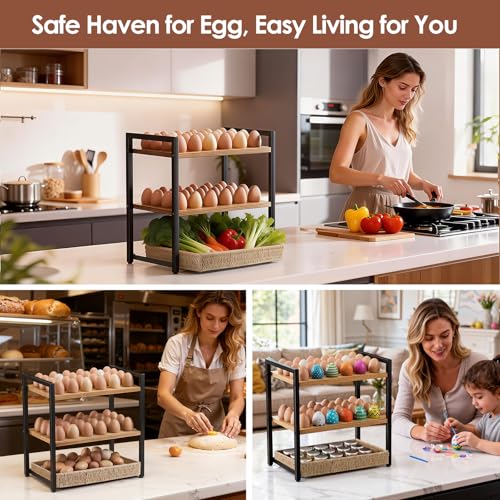 Nuovoware Wooden Egg Holder Countertop, 3-Tier Egg Basket | For 48+60 Eggs, Carry Handle Gathering 100+, Kitchen Storage Home Farmhouse Decor