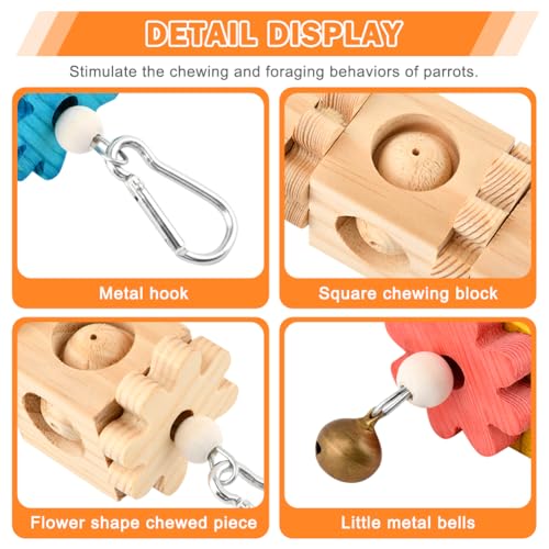 2 Pcs Wooden Bird Chew Toys for Beak Grinding, Hanging Parrot Rotating Wood Block with Bell Parrot Foraging Enrichment Toy for Parakeet, Cockatiel, Conure