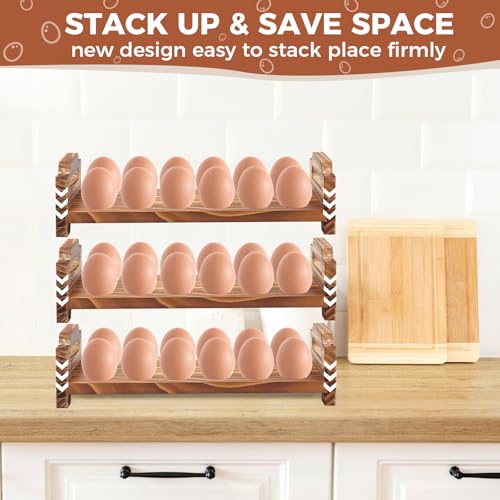 Wooden Egg Holder Countertop, 3 Layer Stackable Fresh Egg Display Storage Rack Organizer Stackable egg storage Easter Basket Farmhouse Egg Storage Basket with Handles Fits Duck Turkey Chicken Eggs