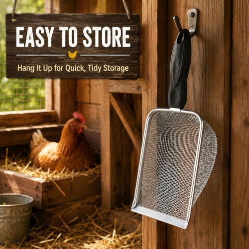 2 Pack Chicken Poop Scooper for Coop, Metal Mesh Sifters, 3.8mm & 5mm | 4-inch rake and scoop tools sift chicken poop, sand, litter and bedding; dual mesh sizes make daily coop cleaning easier.