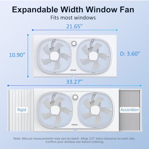 shinic 3-Speeds Window Fan with 180°+90° Rotatable Fans, Manual Reversible, Vertical Window Fan with Rigid & Accordion Expanders, Width Adjustable (21.65" to 33.27"), Ideal for Home, Kitchen, Bedroom