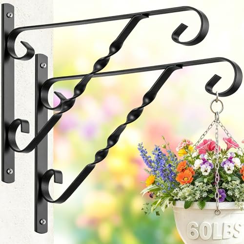 AMAGABELI GARDEN & HOME 2 Pack Hanging Plant Brackets Outdoor 12" Metal Fence Wall Plant Hanger Hooks for Hanging Flower Baskets Bird Feeders Lanterns Wind Chimes Rust-Resistant Black - size: 12 Inch, style: 2-Pack Twist Hook 1