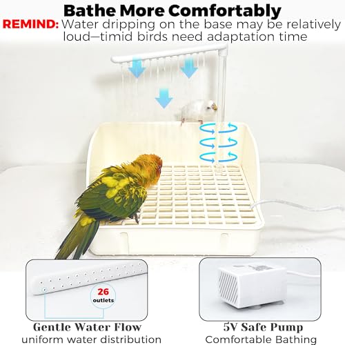 Automatic Parakeet Bird Bath with Pump, Large Bird Shower Fountain | Indoor Bathtub with Running Water, Parrot Bath Tub Faucet for Pet Birds, Cockatiel, African Grey, Budgie, Conure, Lovebird - color: White