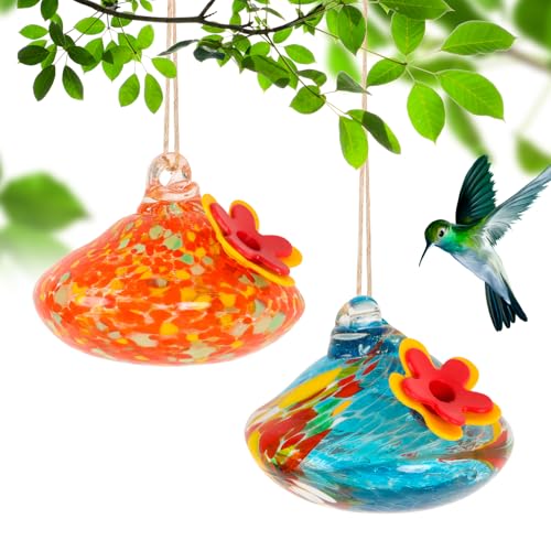 2 Pcs Blown Glass Hummingbird Feeder for Outdoors Hanging, Ant & Bee Resistant Window Bird FeederHandmade Garden Decor Gift for Women - Small Round Glass Feeders Bundle (Droplet B2) - color: Droplet B2