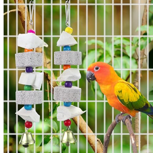 2Pcs Bird Beak Trim Cuttlebone Calcium Stone Lava Block Chew Toy Grinding Teeth Natural Minerals with Bell for Parakeet Conure Lovebird Cockatiel Finch Canary Hamster Chinchilla Rabbit