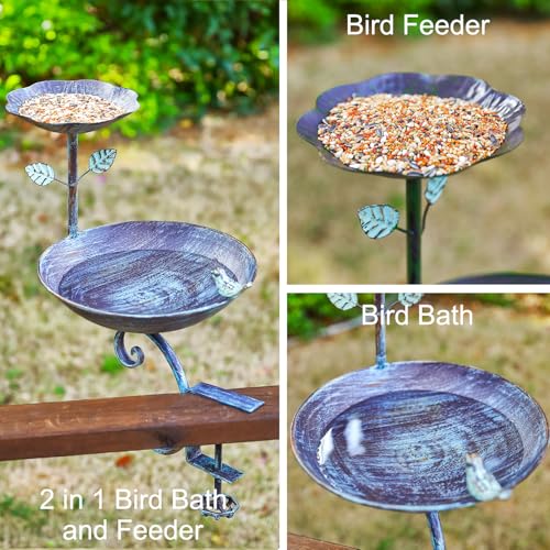 Bird Bath Feeder for Deck Railing and Balcony 2 in 1 Blue | Deck Mounted Birdfeeders for Outdoors with Heavy Duty Clamp, Unique for Outside, Suitable for Garden Porch Backyard - color: Blue