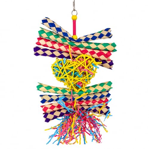 Bonka Bird Toys 1730 Foraging Valentine Heart Bird Toy for Medium Birds Shredding and Chewing Cage Toy Colorful Palm Leaf and Paper Foraging Toy 9" x 6" - color: Foraging Heart